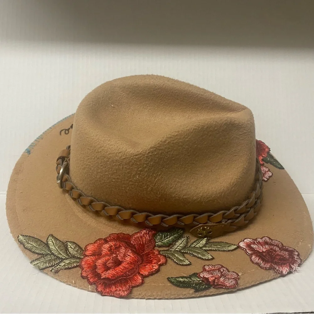 Women's Tan Felt Fedora Hat with Rose Embroidery - Picture 2 of 4